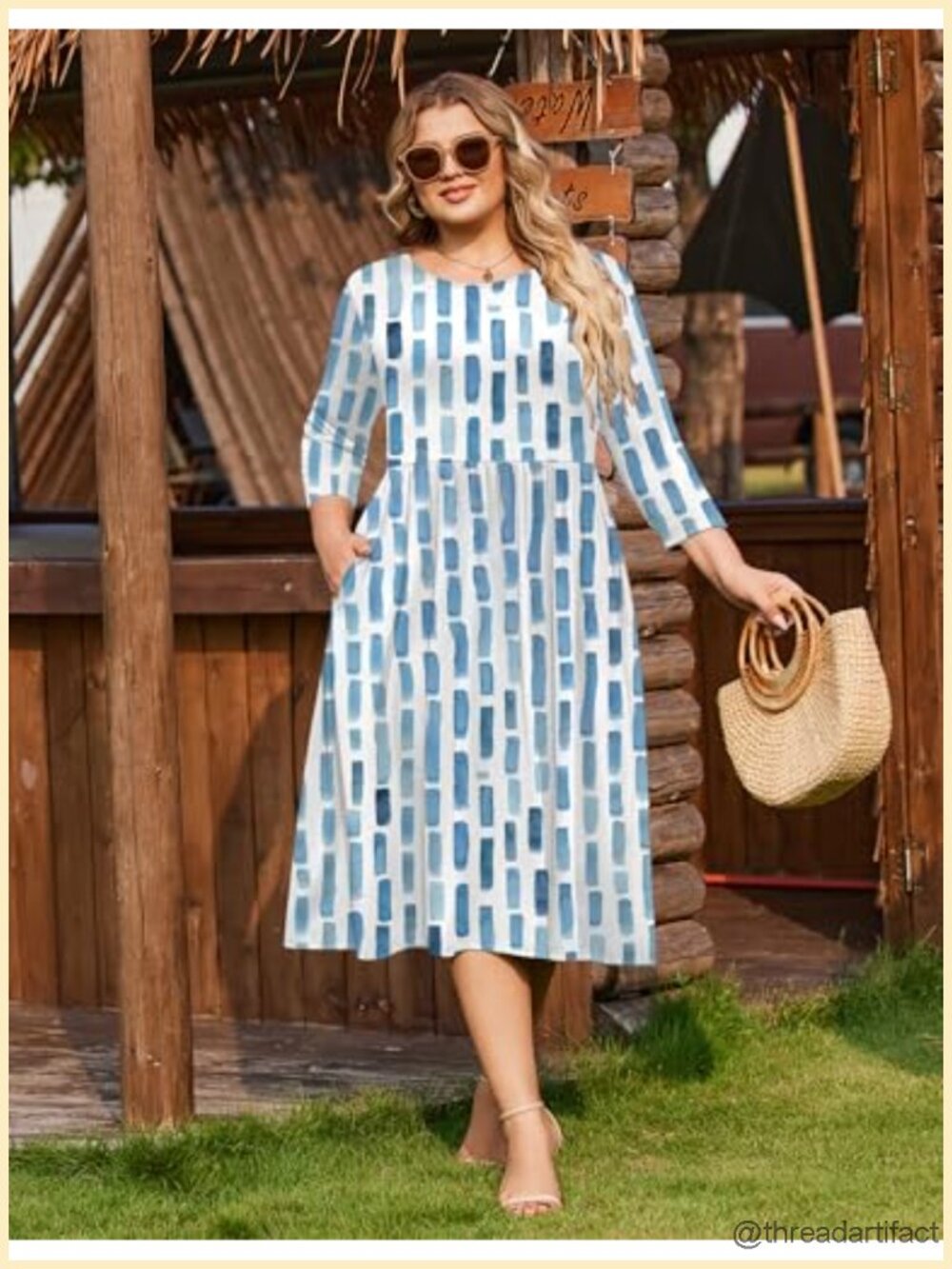 Plus Size 3/4 Sleeve A-Line Midi Dress with Pockets Casual Loose Flowy Boho - Picture 3 of 6